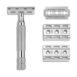 The Rockwell Razors Safety Razor | 6C Double Edge features a textured handle, three interchangeable base plates (R1, R2, R6), and a double-edge blade for a close shave.