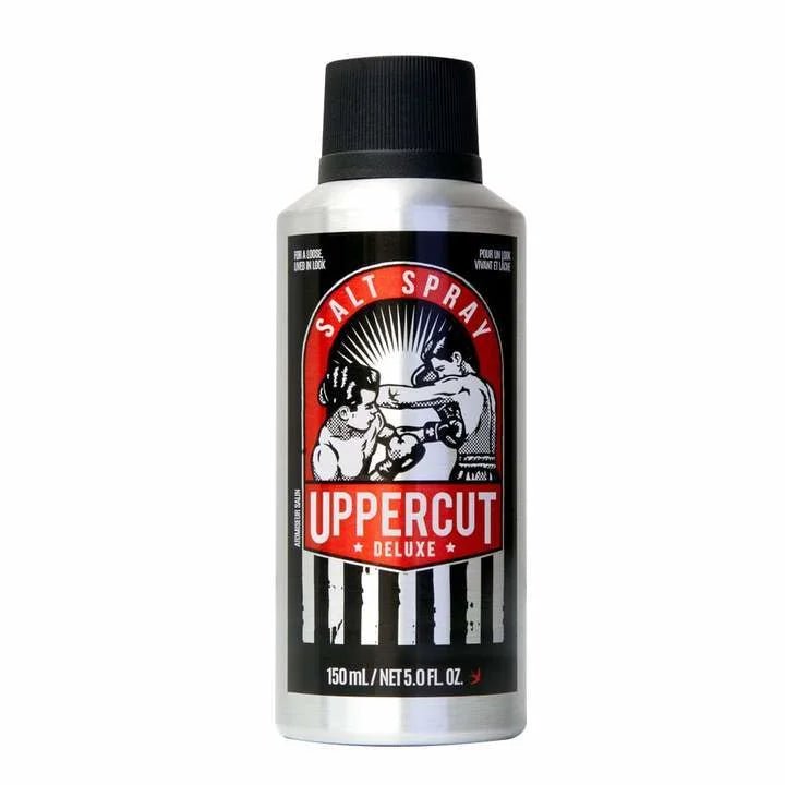 Uppercut Deluxe Salt Spray (150 mL) with a black cap and vintage boxer label is a pre-styler that adds textured hold for effortless, tousled hair.