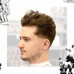 A man with short, neatly styled brown hair and a trimmed beard is shown in profile against a light background, his look enhanced by the textured hold of Uppercut Deluxe Salt Spray.