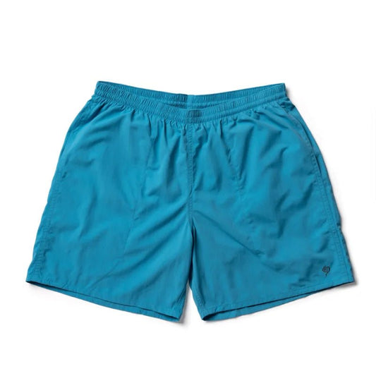 The Duck Camp Scout Shorts in bright blue, featuring an elastic waistband, are displayed flat on a white background.