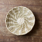 Authentic Tohono O’odham shallow basket with woven coil and white accents