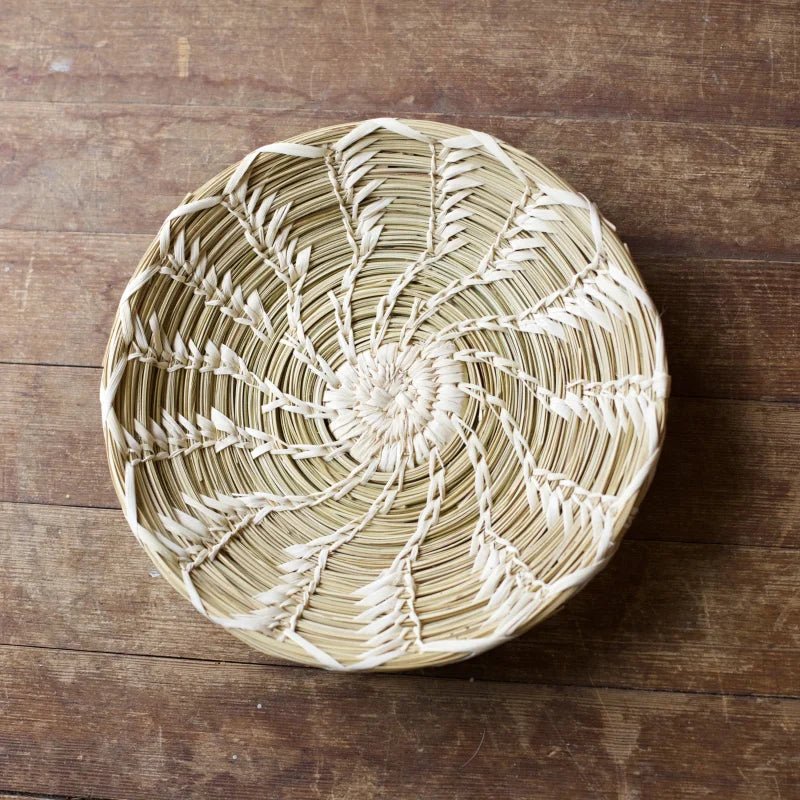 Authentic Tohono O’odham shallow basket with woven coil and white accents