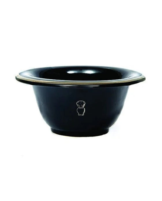 The Pure Badger Shaving Bowl in black with a chrome rim is designed for wet shaving and features a shaving brush icon on the front for added charm.