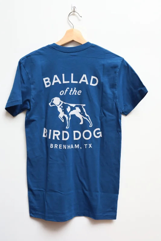 Blue T-shirt With ’ballad’ Displayed, Bird Dog Classic Shop Logo.