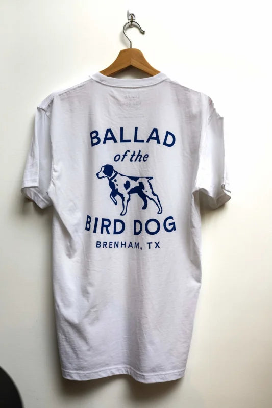 White Shop Shirt With Blue Bird Dog Classic Shop Logo.