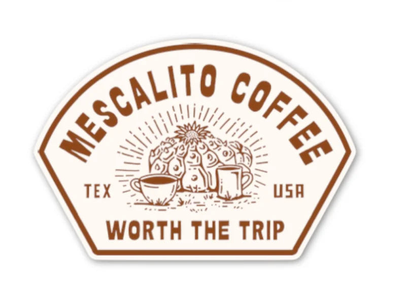 The Shop Stickers from Mescalito Coffee display a brown and white logo with a cactus, coffee cups, “Tex USA,” and the slogan “Worth the Trip”—ideal for adding small town charm to any coffee shop.