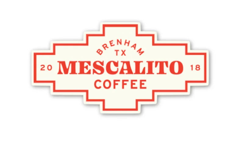 A red and white "Brenham TX Mescalito Coffee 2018" logo decorates the Shop Stickers by Mescalito Coffee, capturing small town charm—perfect for unique coffee shop merchandise.