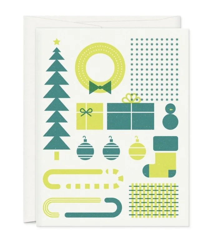 The Simple Christmas Card by Oh Hi Co. features a collage of geometric illustrations—Christmas tree, wreath, gifts, ornaments, stocking, candy canes, snowman—in green and yellow decorative patterns.