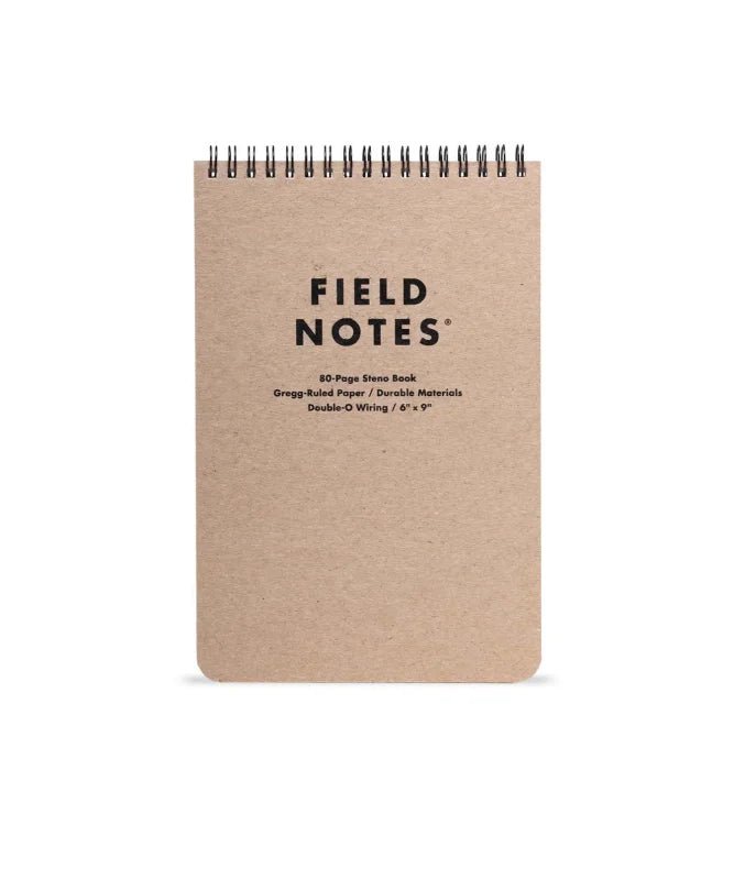 A brown spiral-bound Field Notes Steno Book by Field Notes, with black cover text and Gregg-ruled pages, shown on a white background.