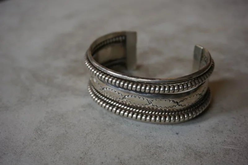 Sterling silver cuff bracelet with beaded edges, vintage style silver cuff jewelry