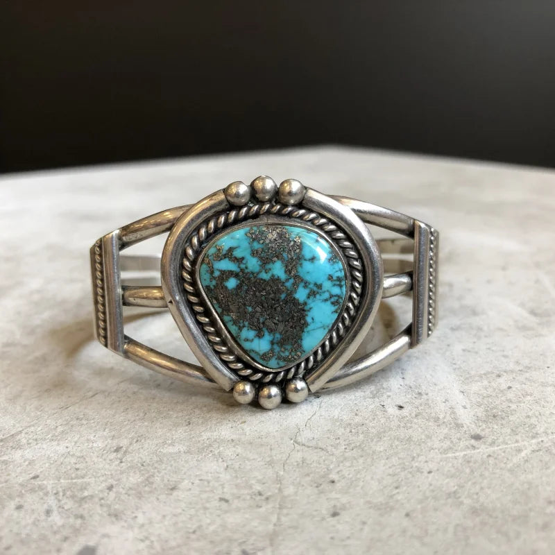 Sterling Silver Cuff W/ Pyrite Matrix Turquoise | Vintage -