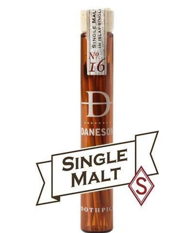 A glass vial labeled "Toothpick | Single Malt No. 16 | Daneson" from Daneson, filled with Islay whisky-infused toothpicks and sealed with a cork stopper.