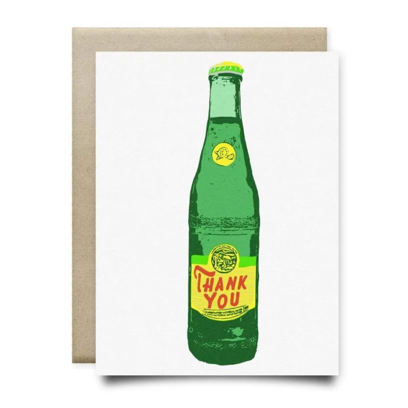 Thank You Card with green soda bottle on linen paper by Anvil Cards using dye-based printing