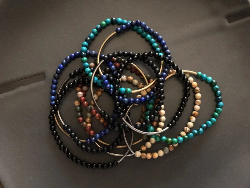 Colorful Beaded Stack Of Tubular Bracelets By Branco, Featuring Black Onyx For Power & Healing.