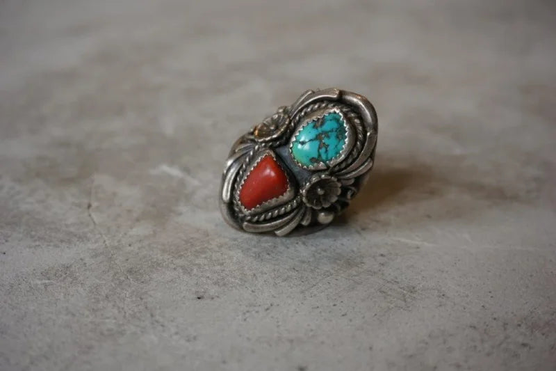 Turquoise And Coral Ring | Vintage - Vintage - Native