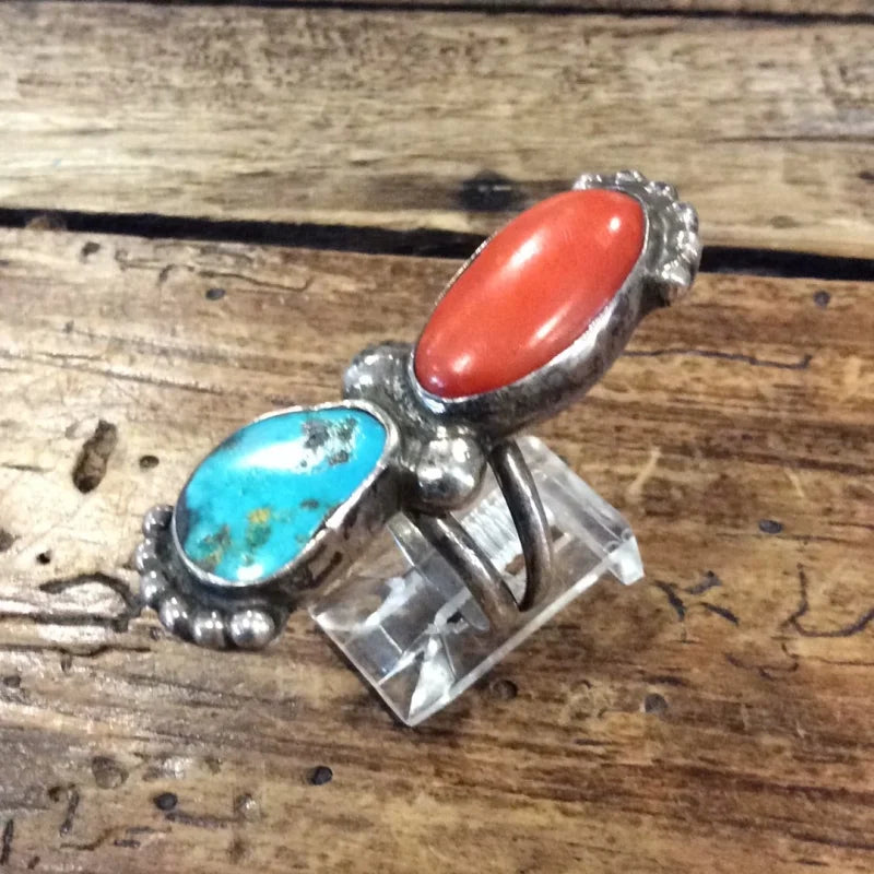 Turquoise & Coral Double Ring | Vintage - Jewelry -
