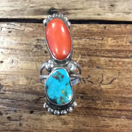 Turquoise & Coral Double Ring | Vintage - Jewelry -