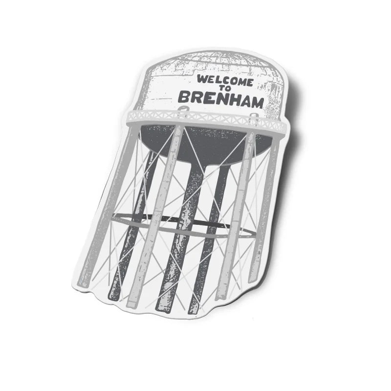 Shop Sticker featuring the "Welcome to Brenham" water tower by Ballad of the Bird Dog—perfect for showing local pride.