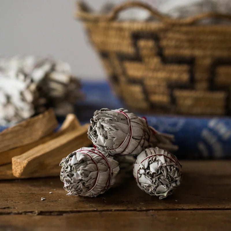 Three White Sage Smudge Sticks by Taos Herb Co., tied with red string, rest on a wooden surface next to palo santo pieces, with a woven basket in the background.