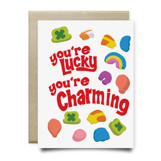 Greeting card featuring Lucky Charms cereal on linen paper for a charming personal message